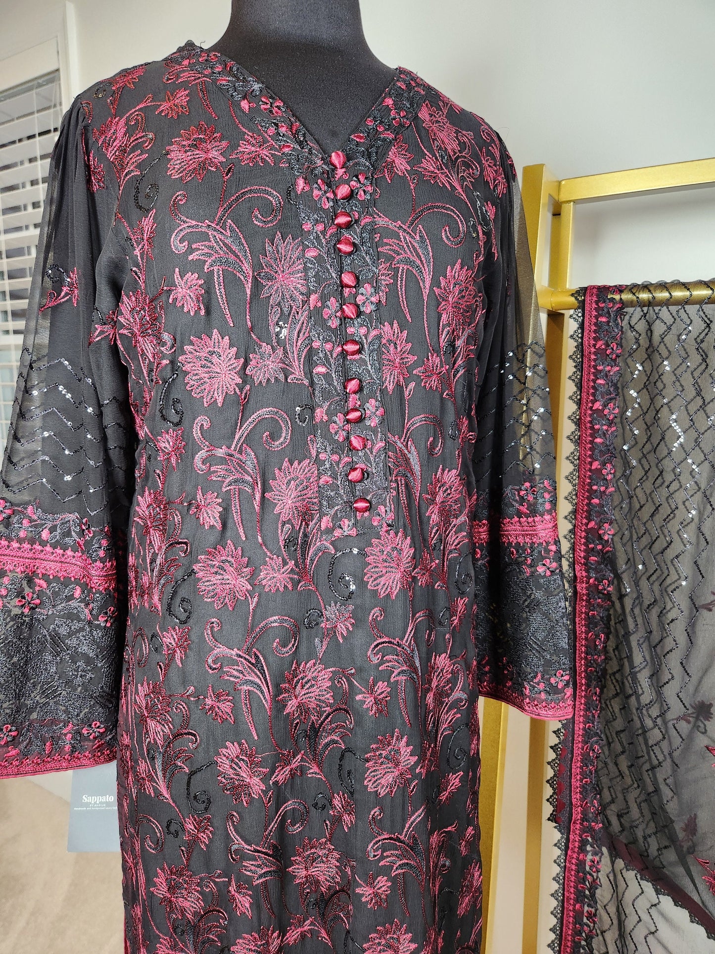 Our favorite combo red and black on purr chiffon chikankari.