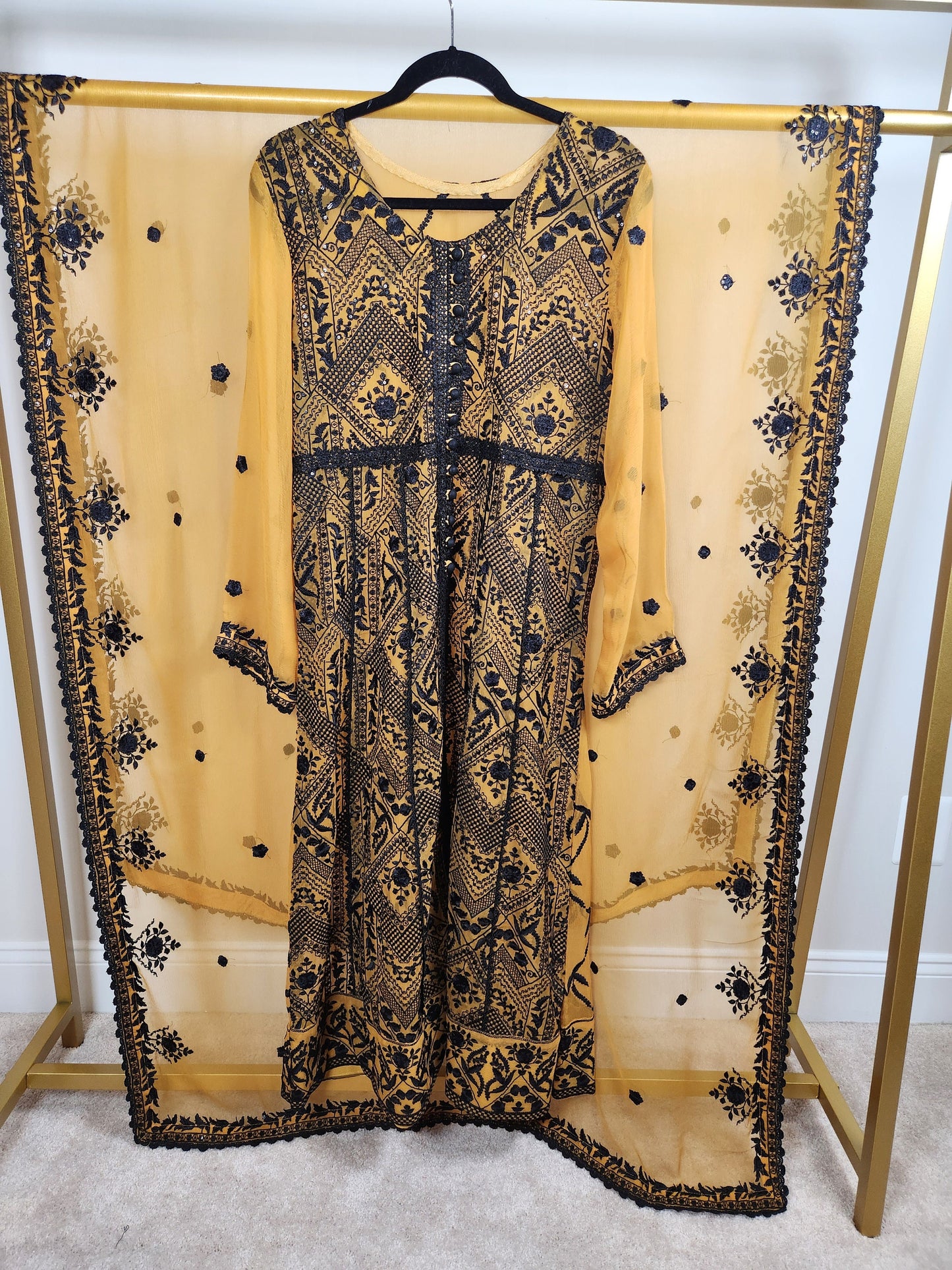 Gorgeous yellow and black chikankari.  3 pc.