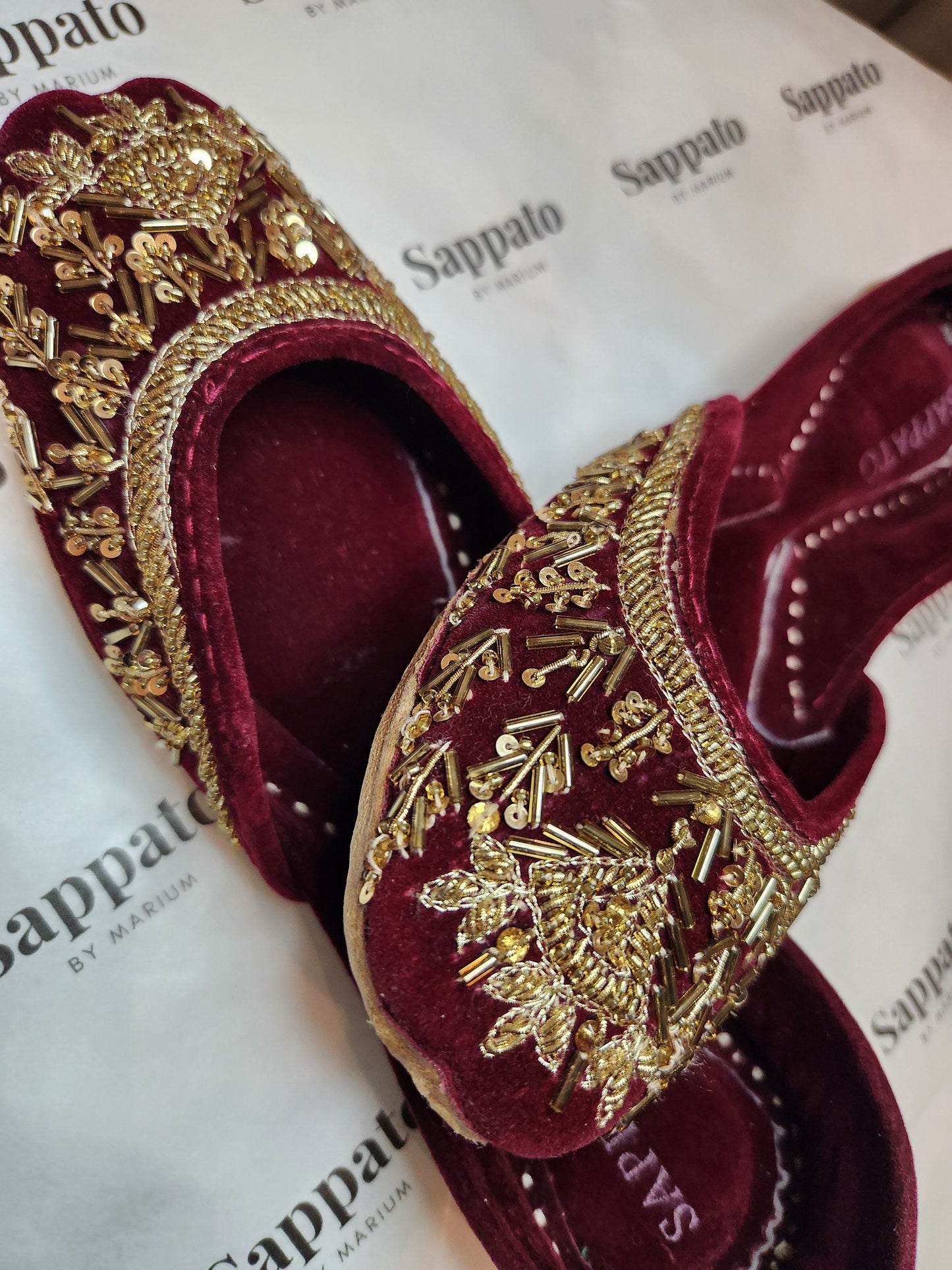 This beautiful Khussa with golden embroidery on a rich maroon velvet base will definitely be a head turner. Complete your look with Paisley.