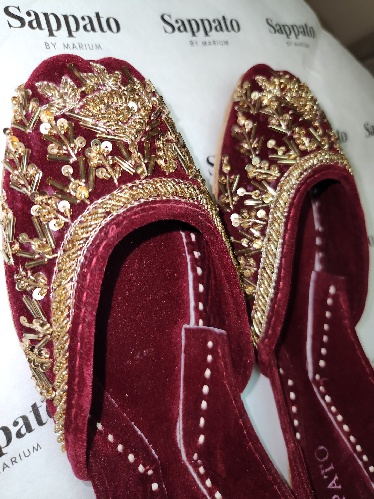 This beautiful Khussa with golden embroidery on a rich maroon velvet base will definitely be a head turner. Complete your look with Paisley.