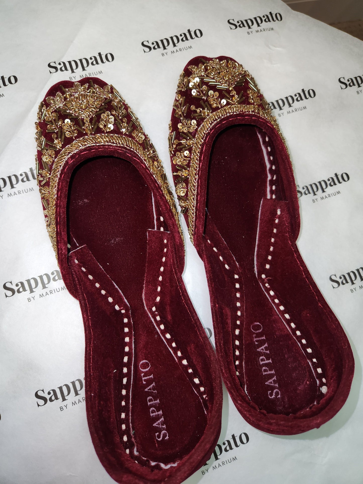 This beautiful Khussa with golden embroidery on a rich maroon velvet base will definitely be a head turner. Complete your look with Paisley.