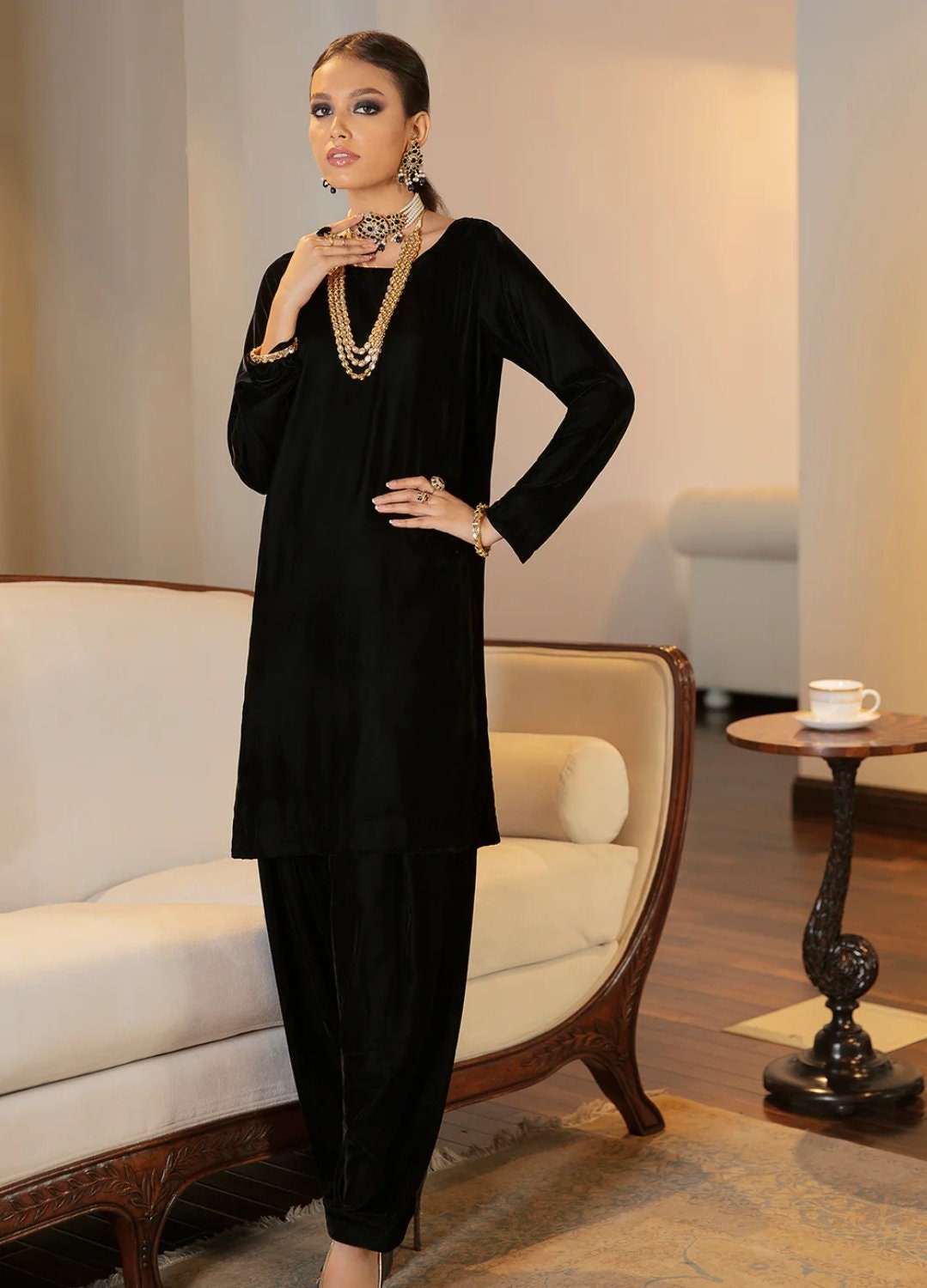 Solid black velvet shirt and pant. 2 pc