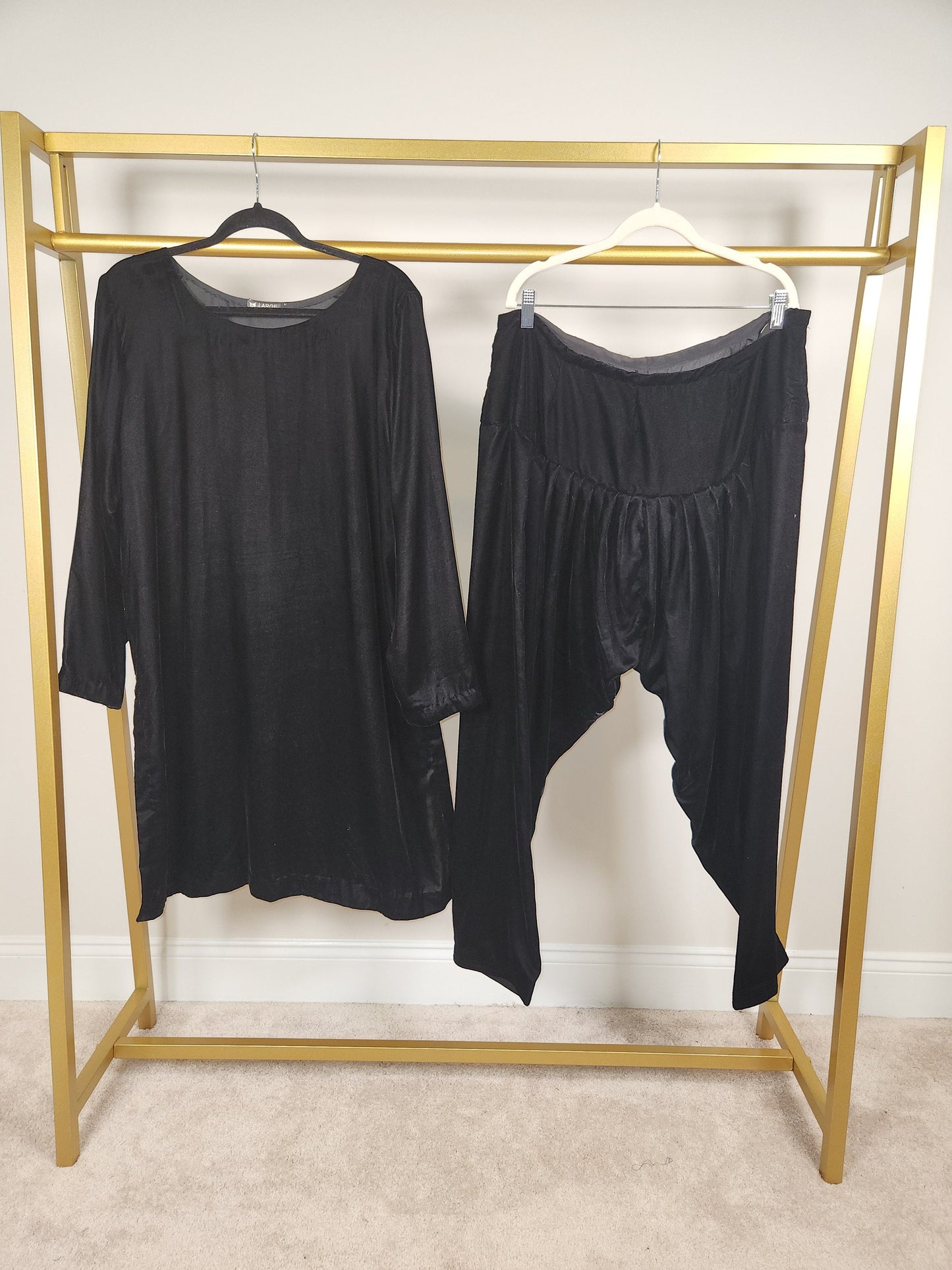 Solid black velvet shirt and pant. 2 pc