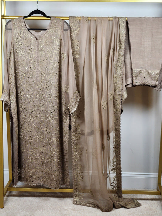 3 pc chikankari on beautiful camel color.