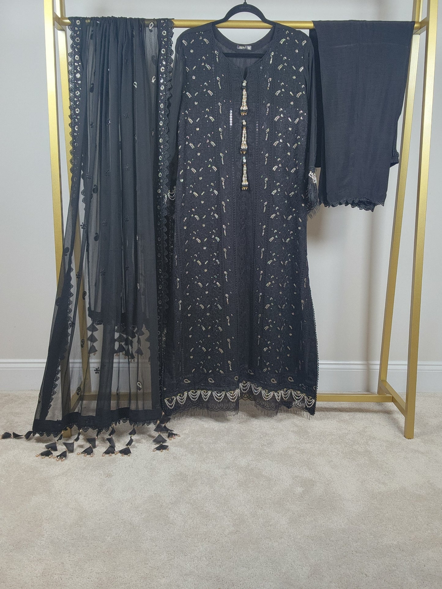 3 pc jet black chiffon chikankari.