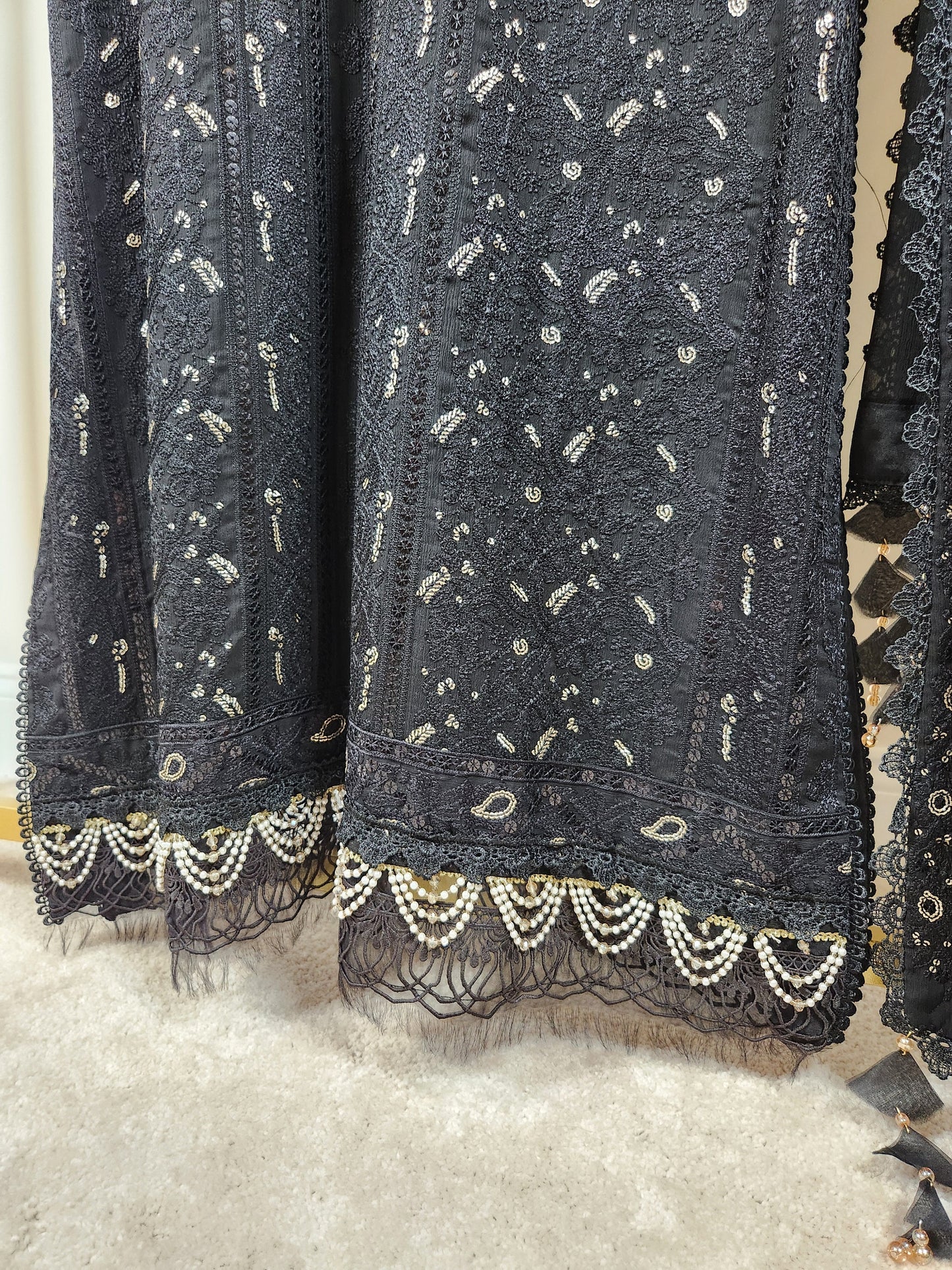 3 pc jet black chiffon chikankari.