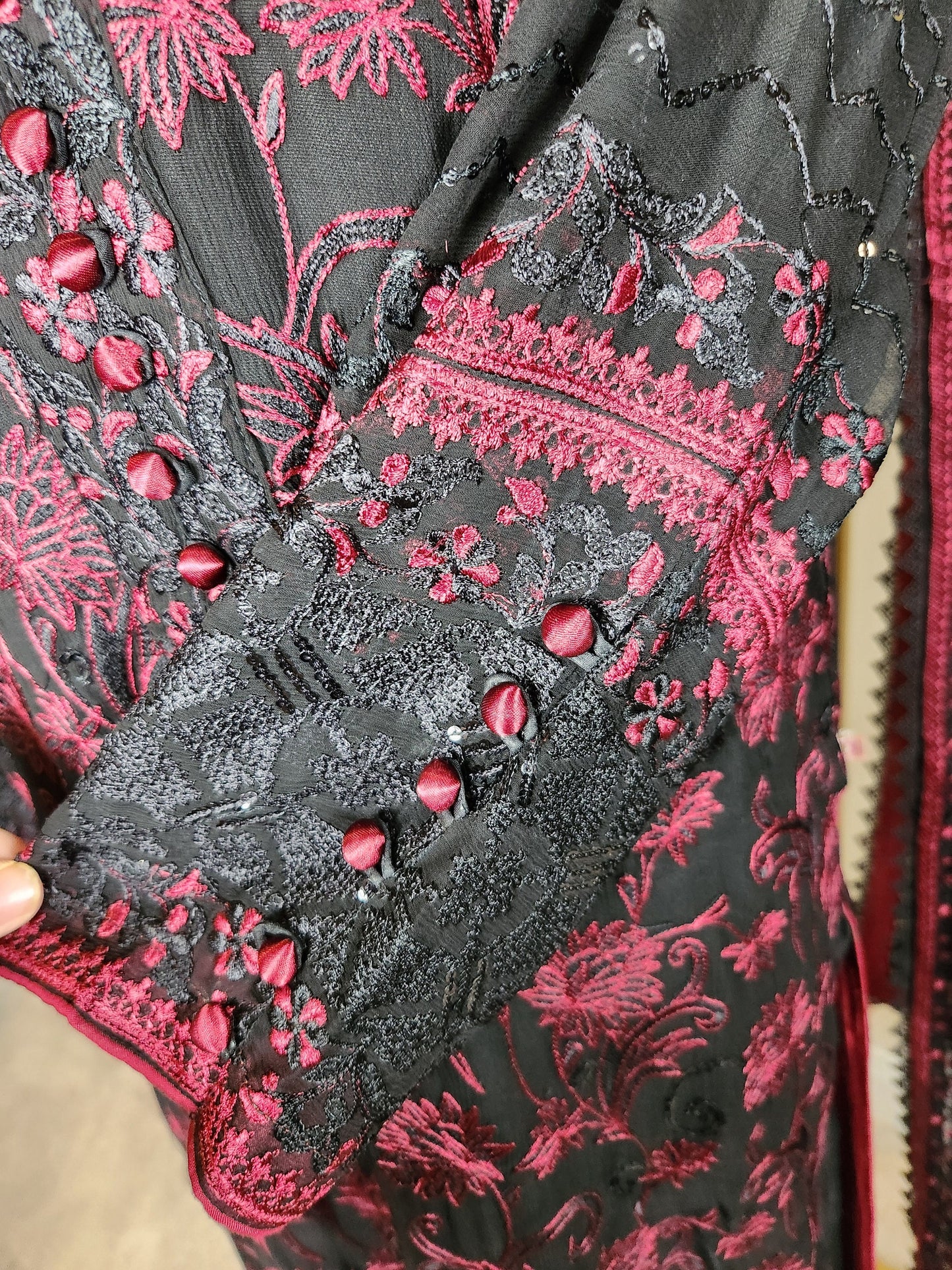 Our favorite combo red and black on purr chiffon chikankari.