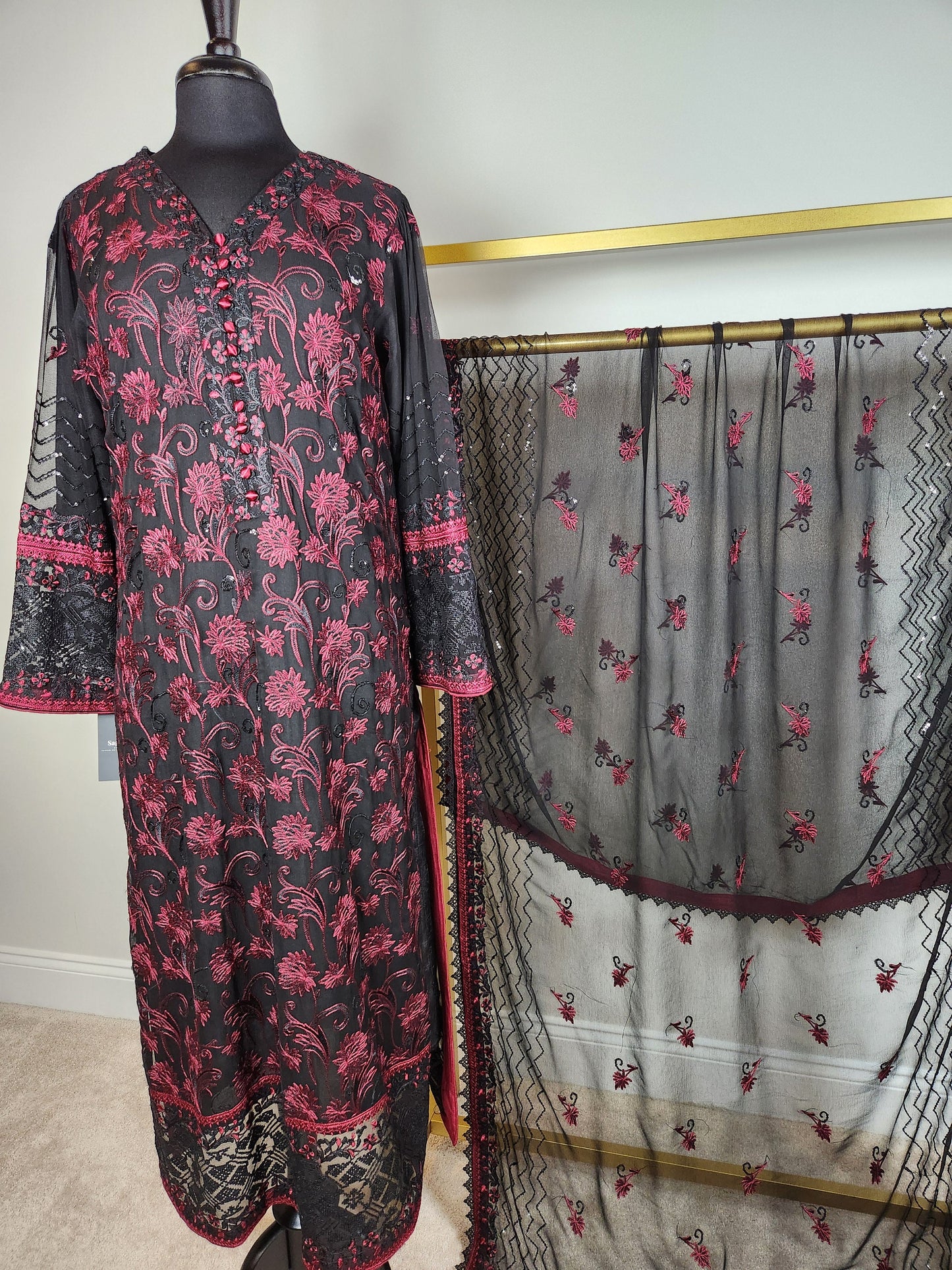 Our favorite combo red and black on purr chiffon chikankari.