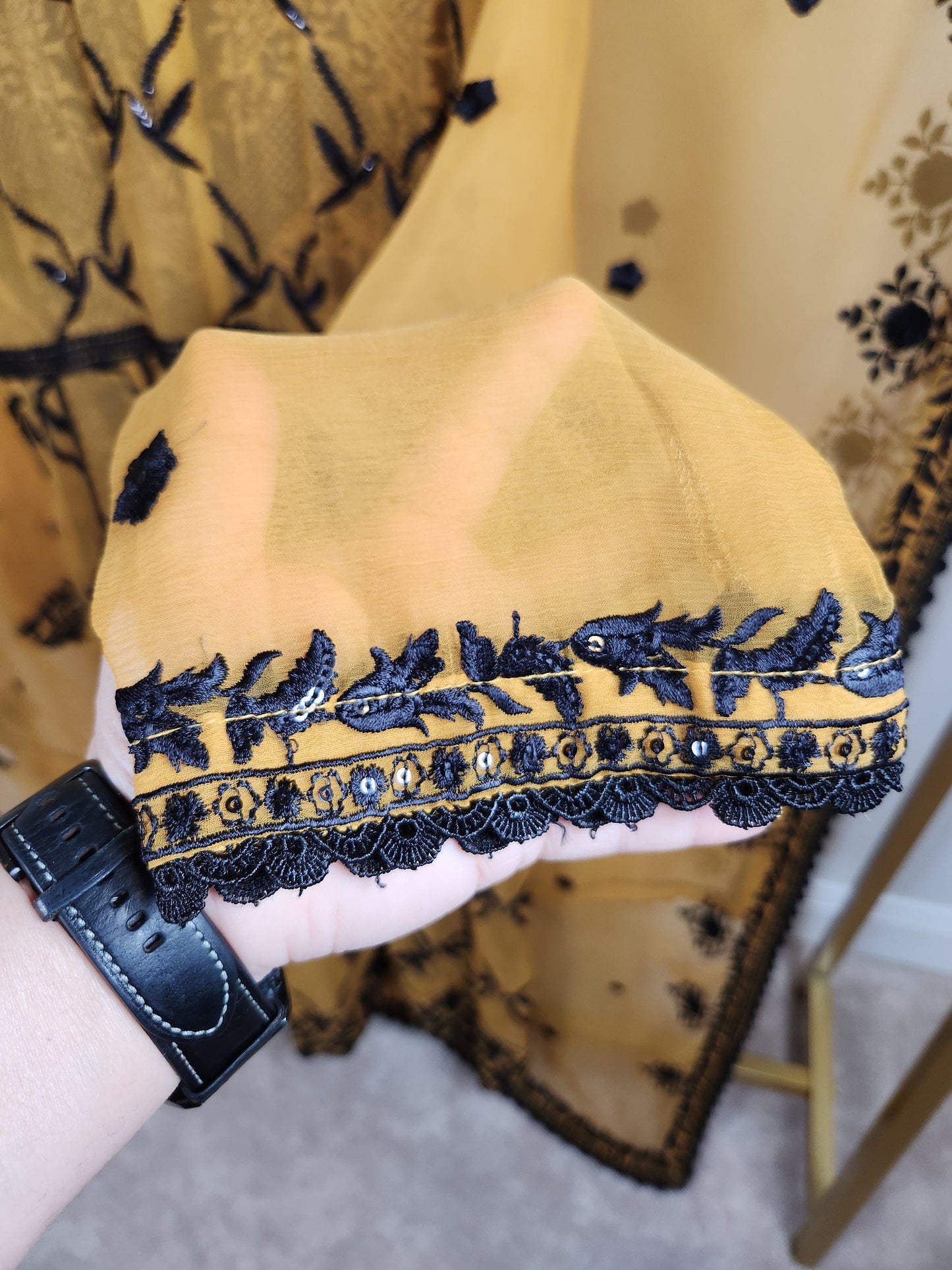 Gorgeous yellow and black chikankari.  3 pc.