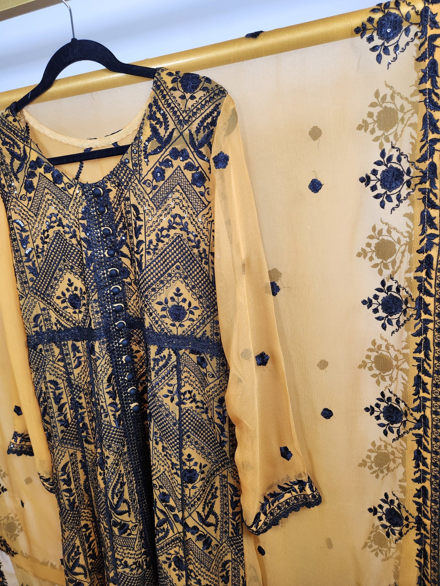 Gorgeous yellow and black chikankari.  3 pc.