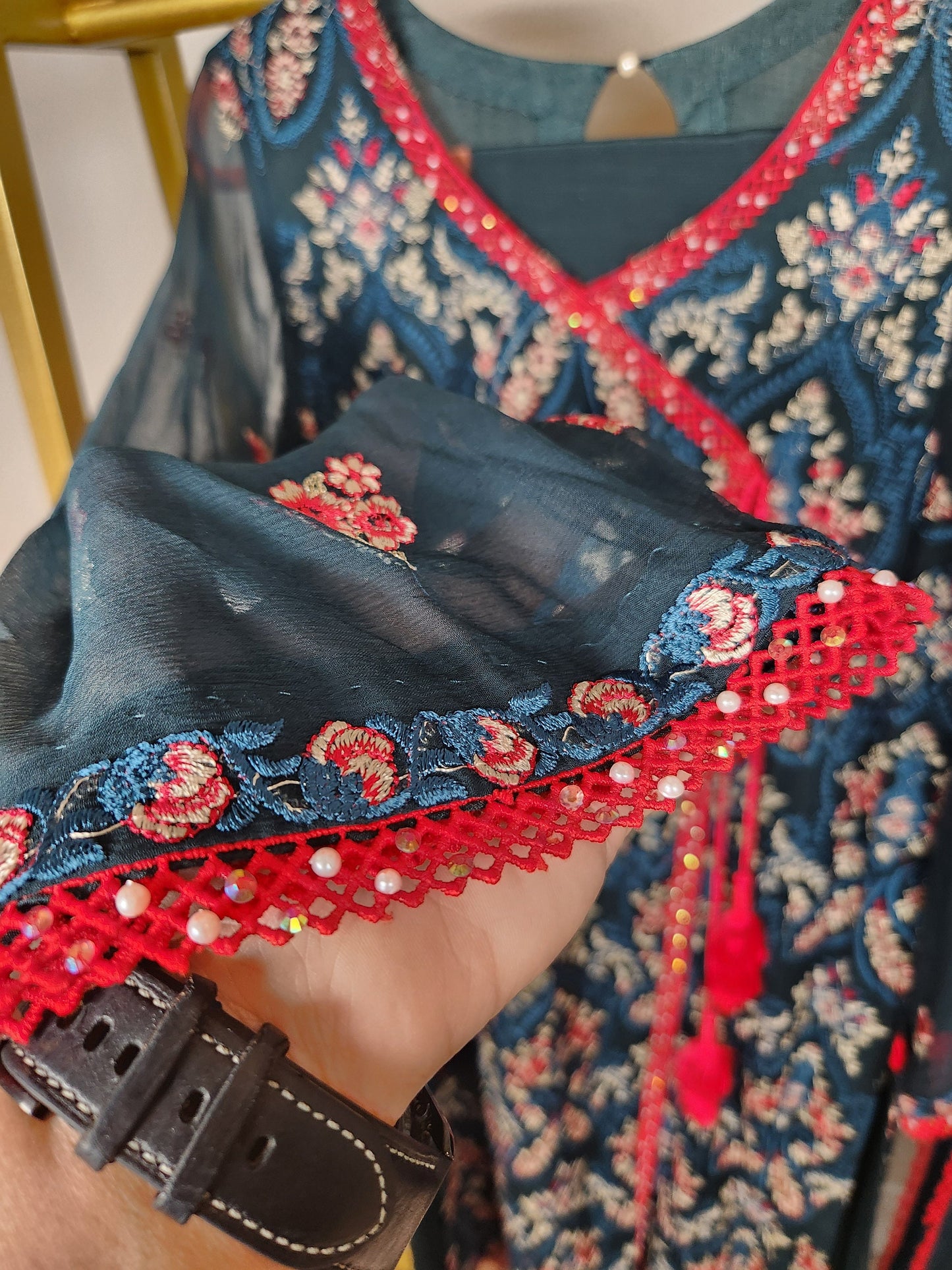 Blue chiffon with multicolored chikankari.