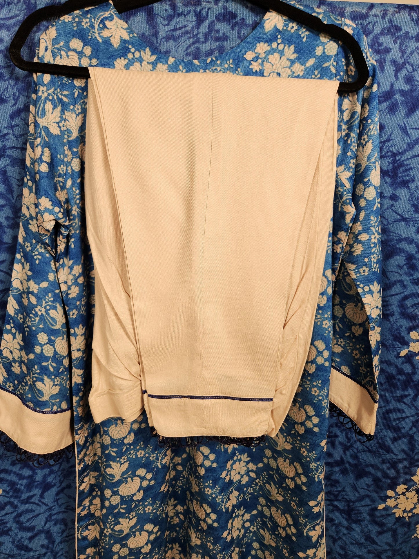 Blue and white linen suit with shawl. From our winter collection.