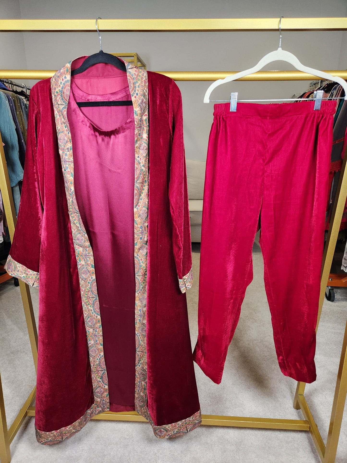 Red velvet coat and pant with silk inner.