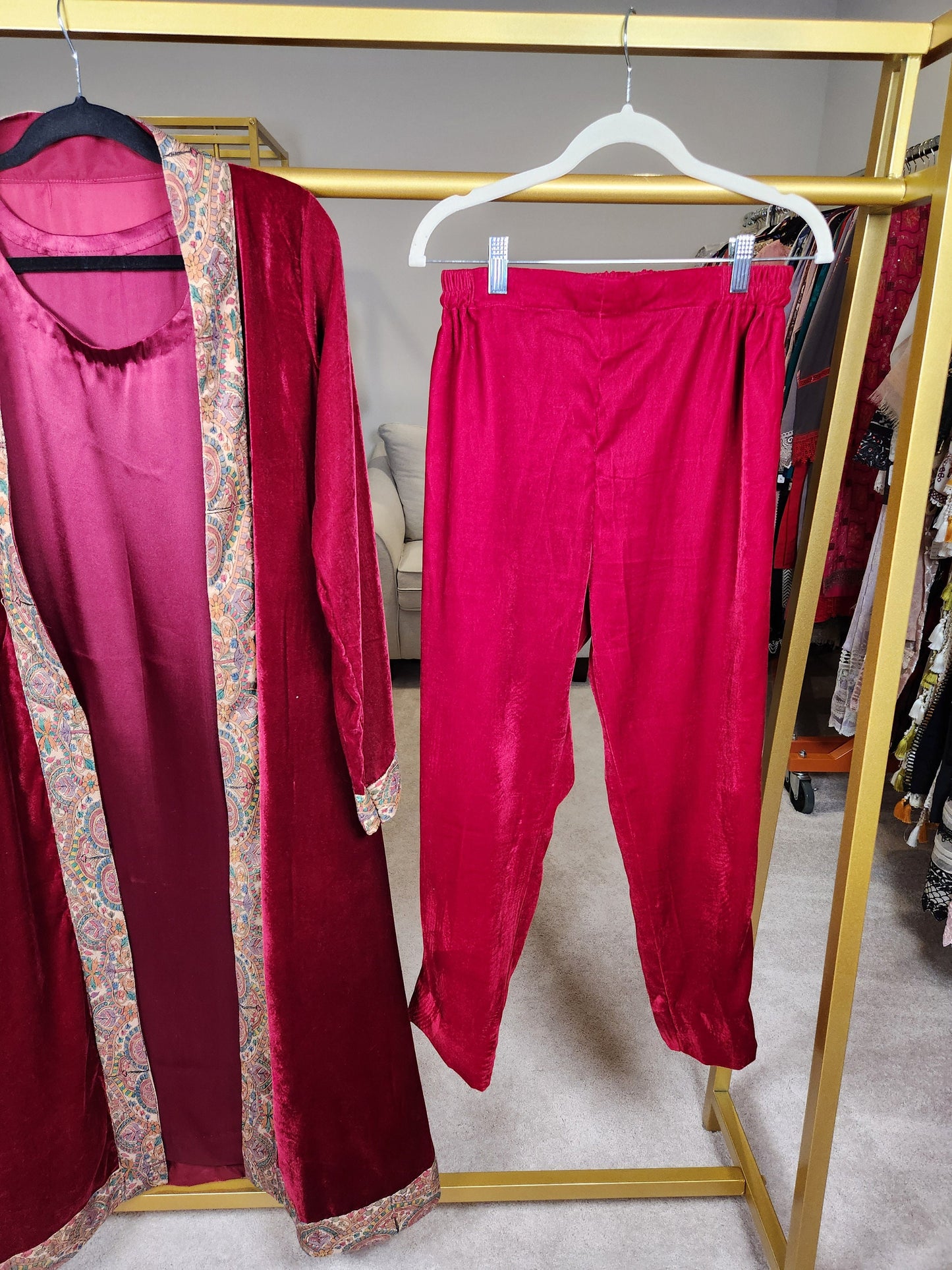 Red velvet coat and pant with silk inner.