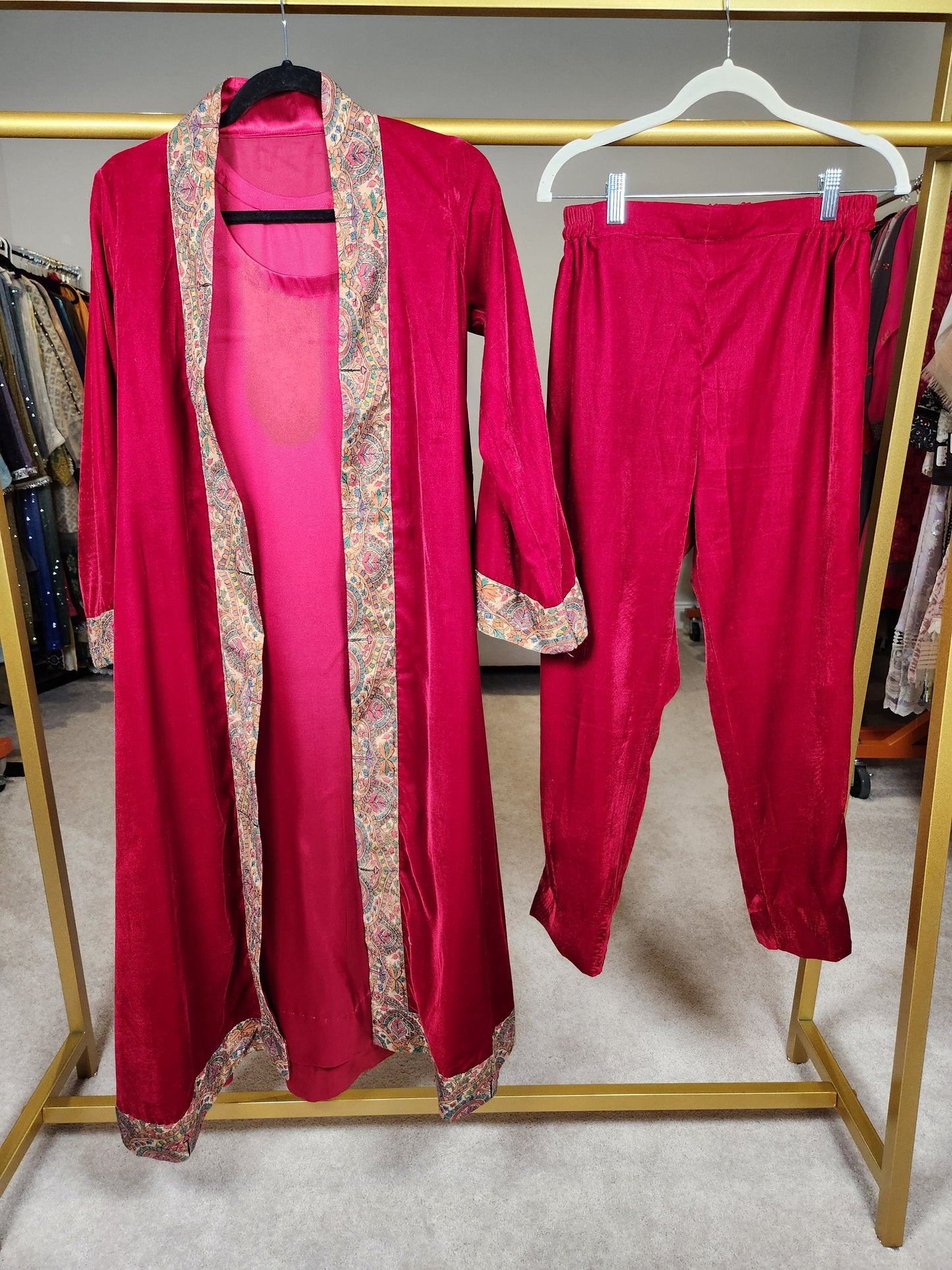 Red velvet coat and pant with silk inner.