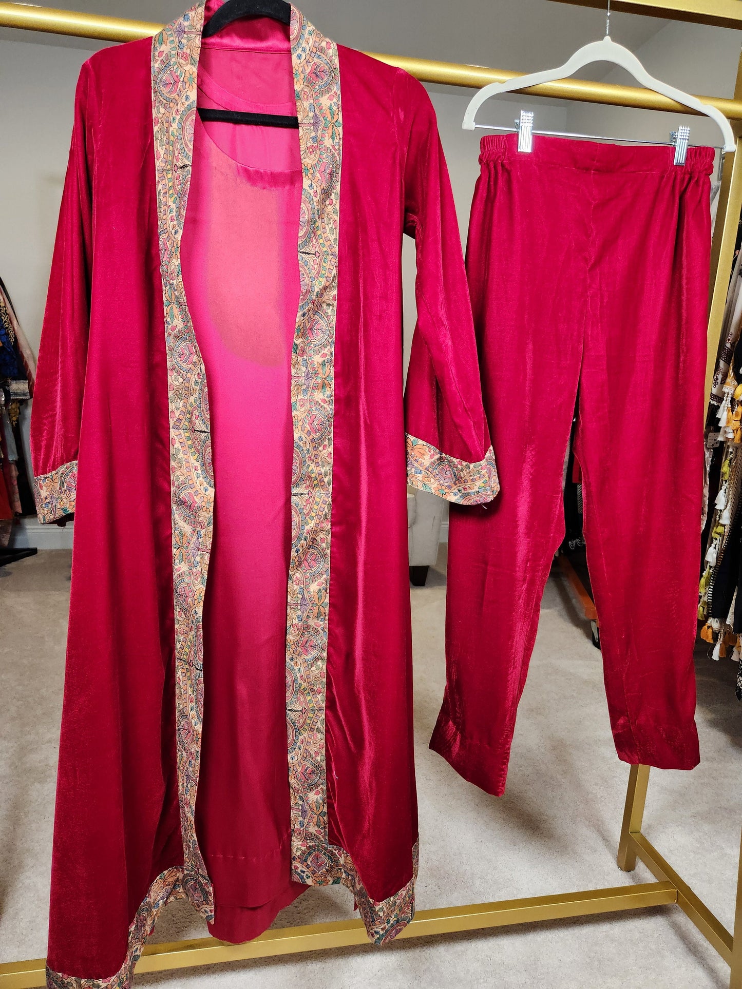 Red velvet coat and pant with silk inner.