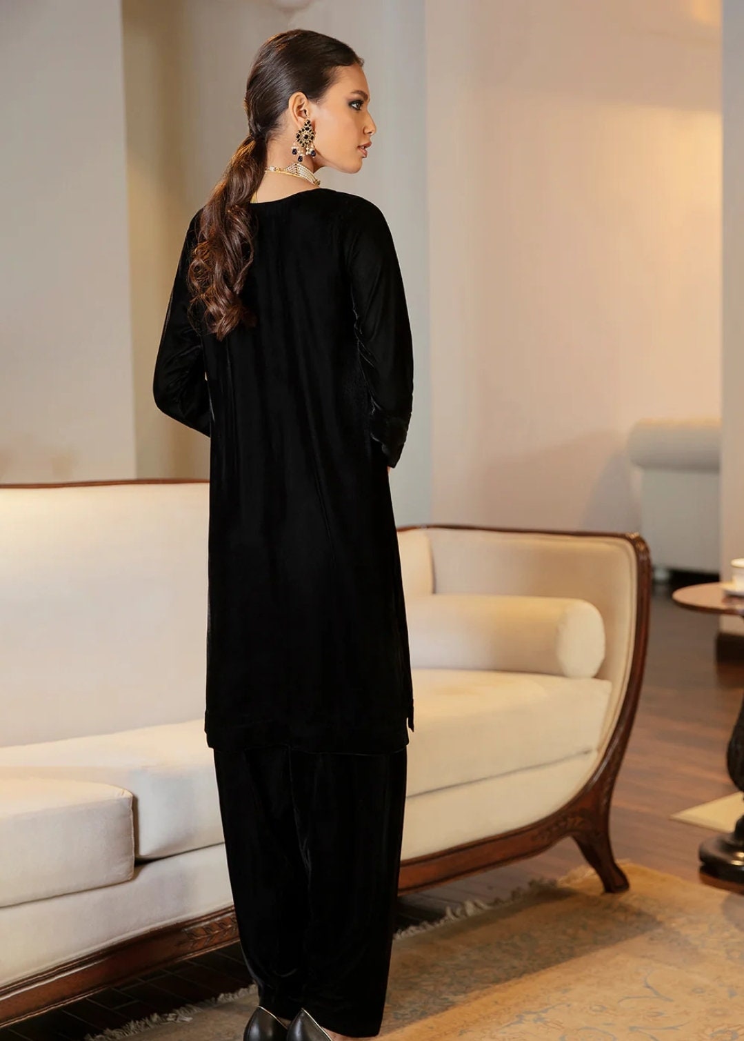 Solid black velvet shirt and pant. 2 pc