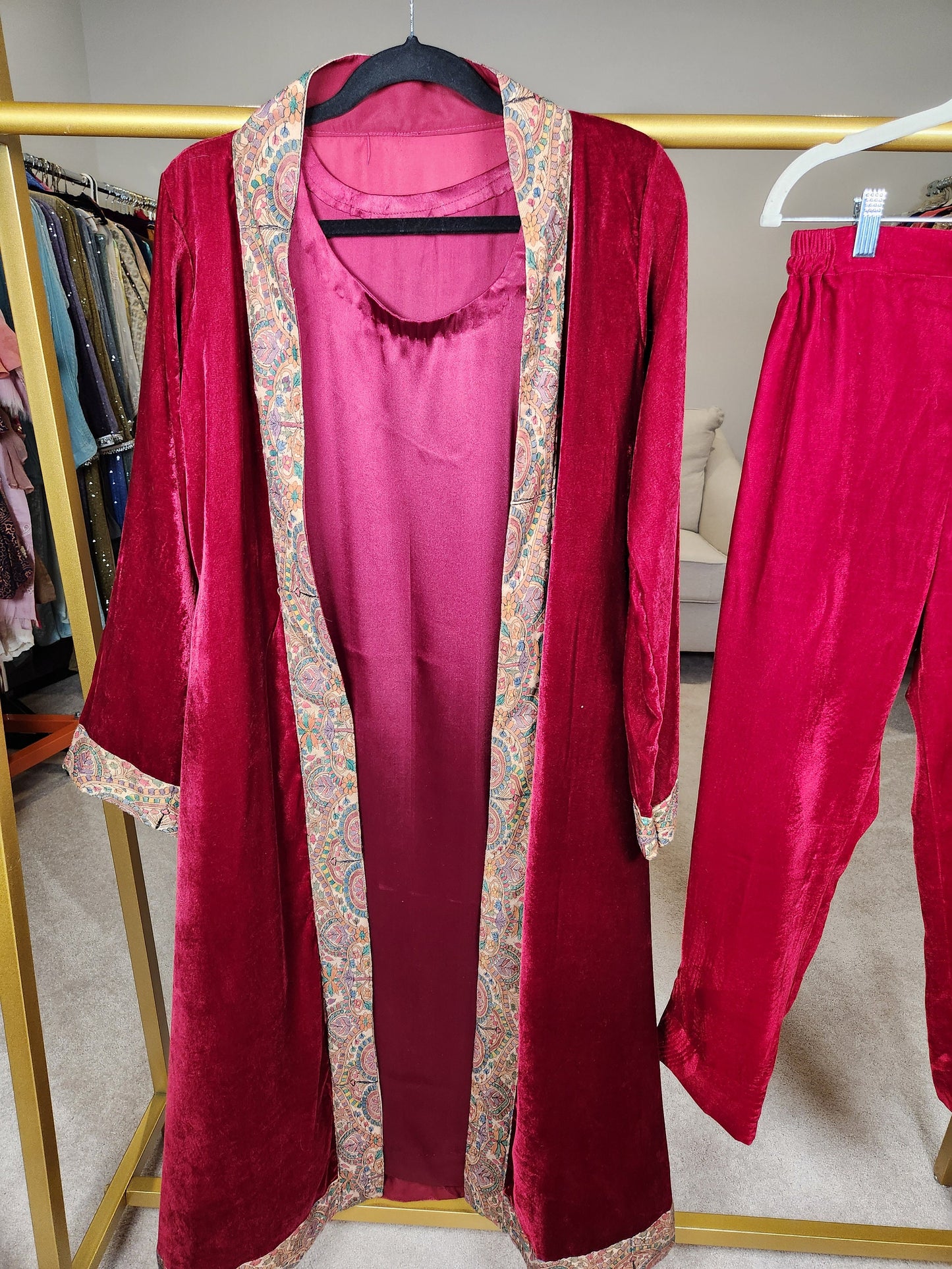 Red velvet coat and pant with silk inner.