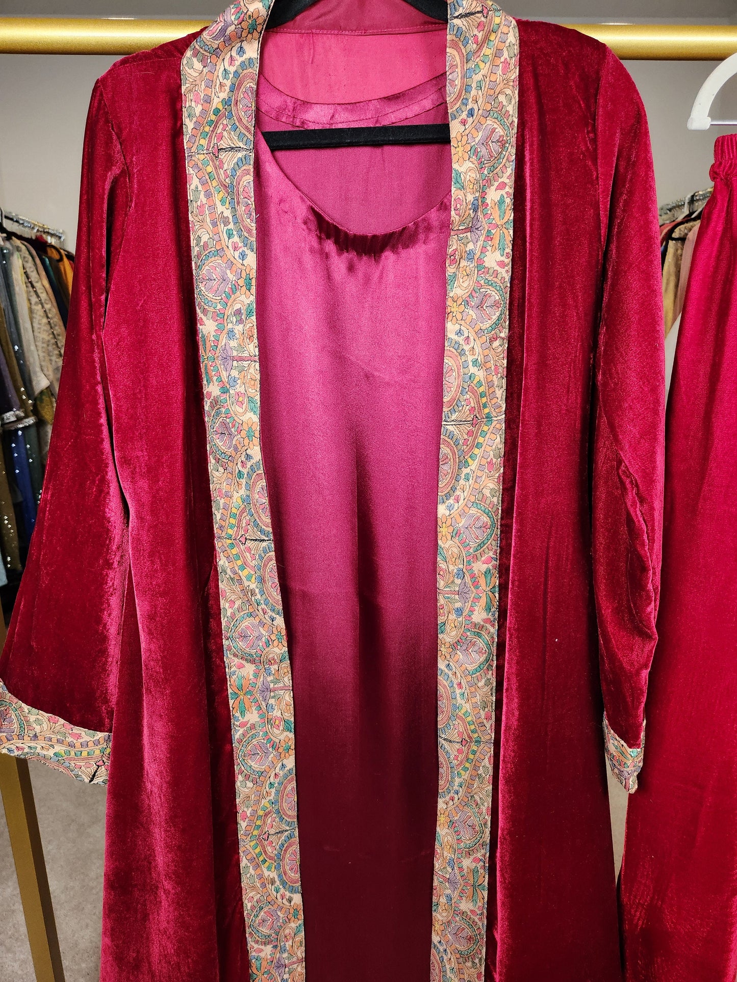 Red velvet coat and pant with silk inner.