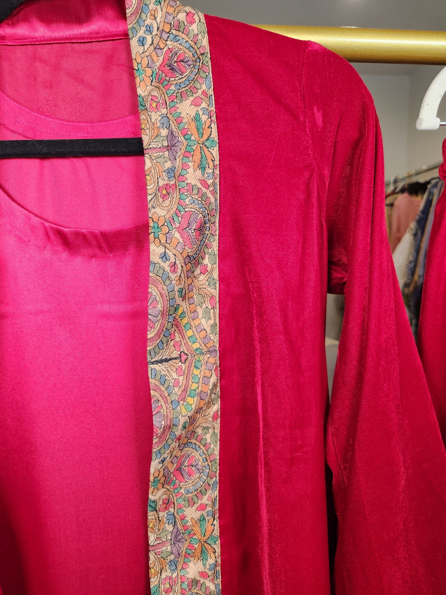 Red velvet coat and pant with silk inner.