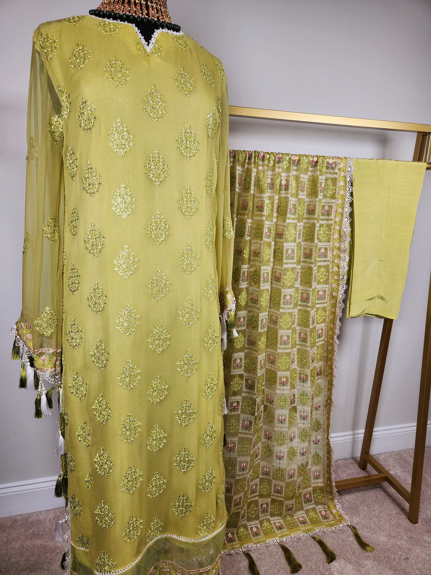 Parrot green chikankari on pure chiffon with heavy embroidery duppata.