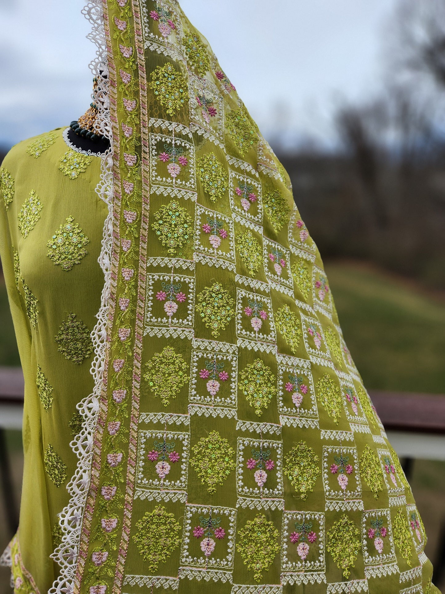 Parrot green chikankari on pure chiffon with heavy embroidery duppata.