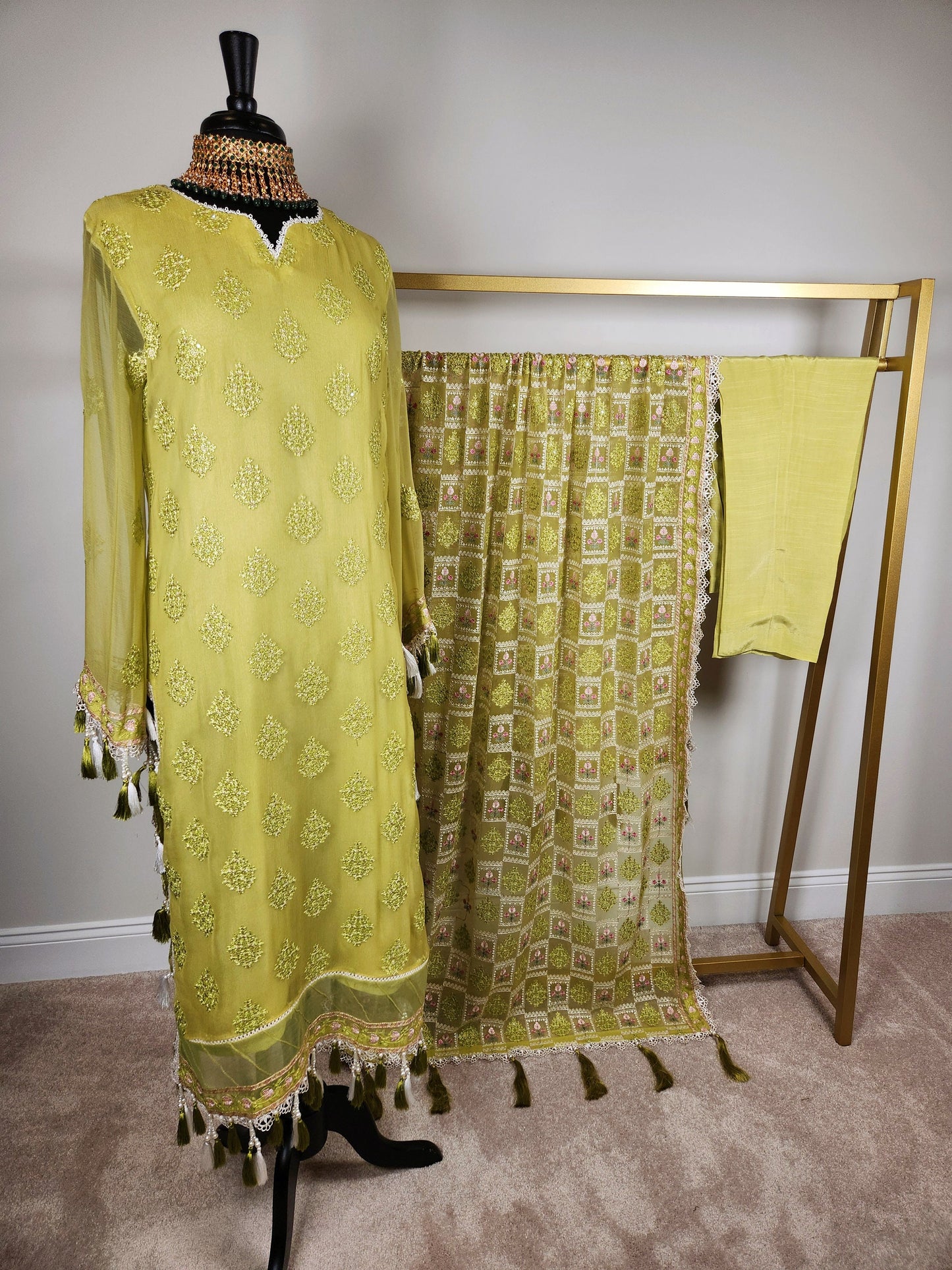 Parrot green chikankari on pure chiffon with heavy embroidery duppata.