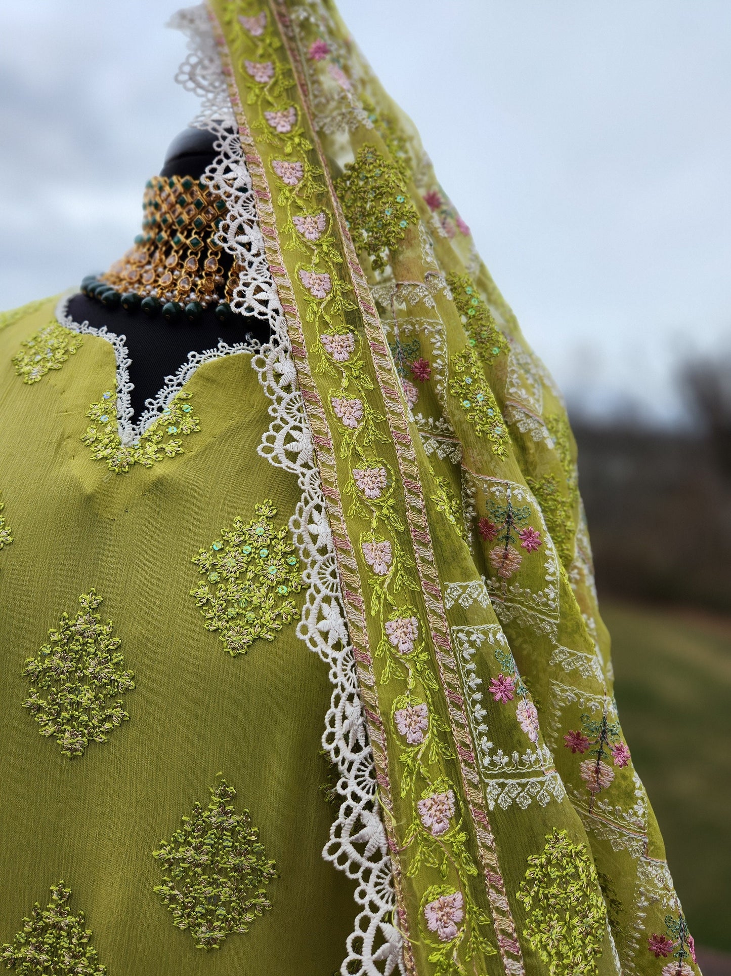 Parrot green chikankari on pure chiffon with heavy embroidery duppata.