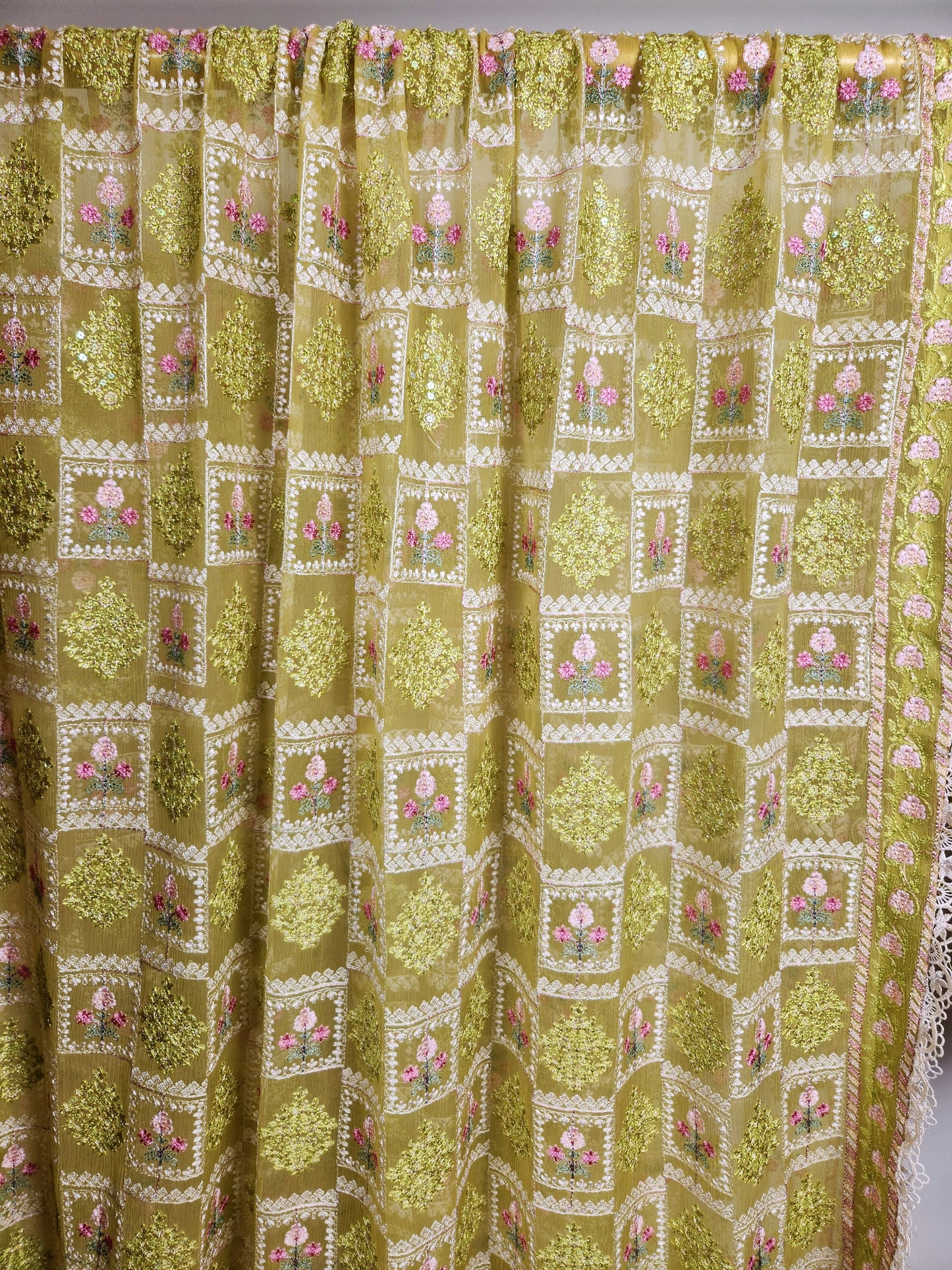 Parrot green chikankari on pure chiffon with heavy embroidery duppata.