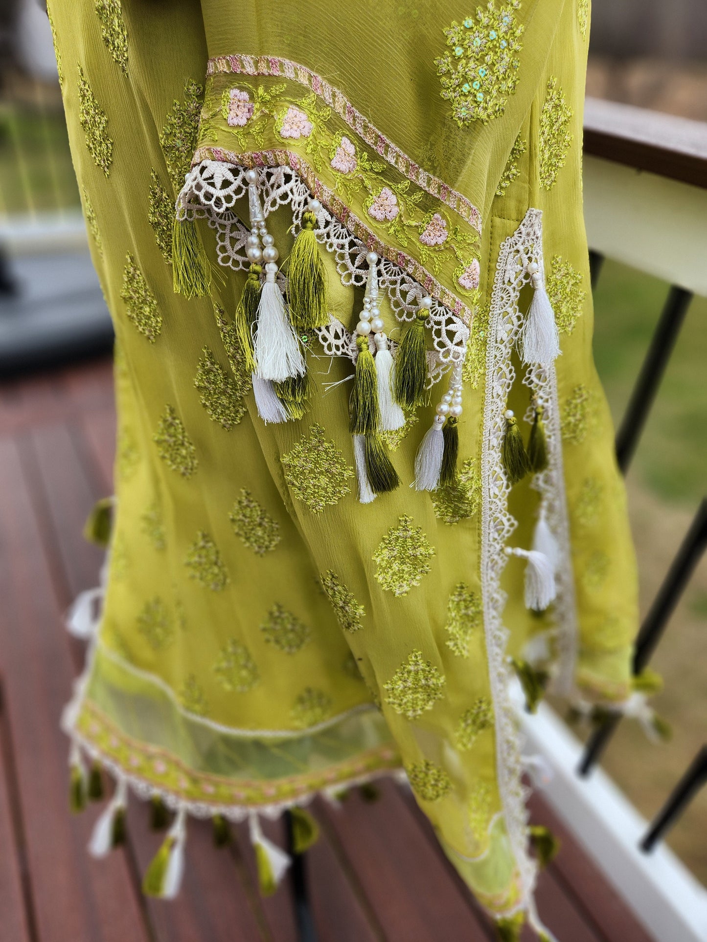 Parrot green chikankari on pure chiffon with heavy embroidery duppata.