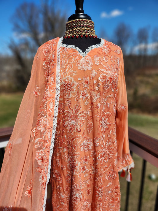 pure chiffon all over chikankari with orange and white thread.